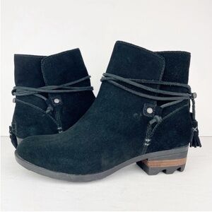Sorel Farah Waterproof Suede Leather Black Tassel Wrap Ankle Short Boot